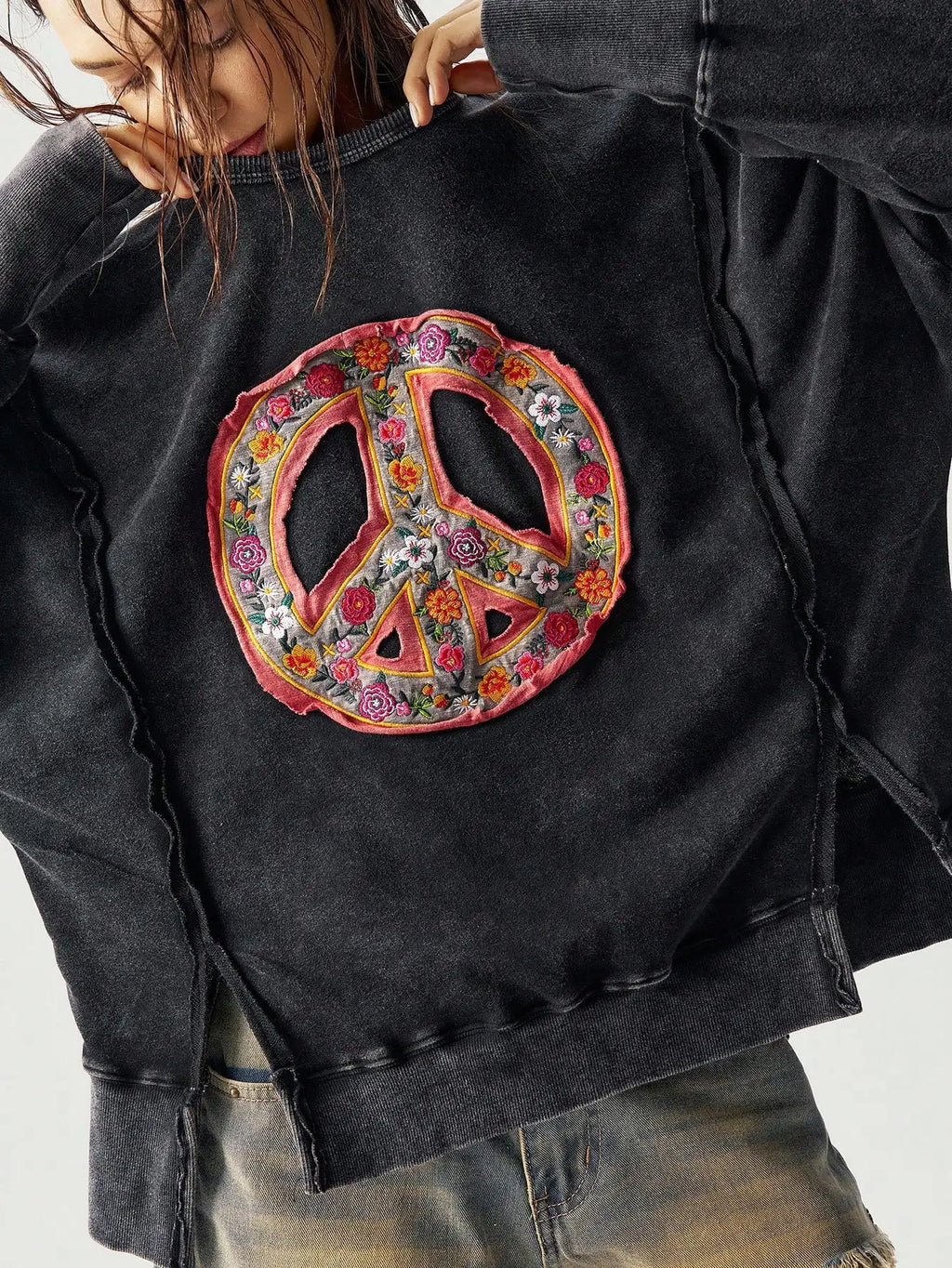 Moletom Cropped Bordado com Símbolo da Paz Floral Boho para Mulheres, Top Casual de Outono Inverno