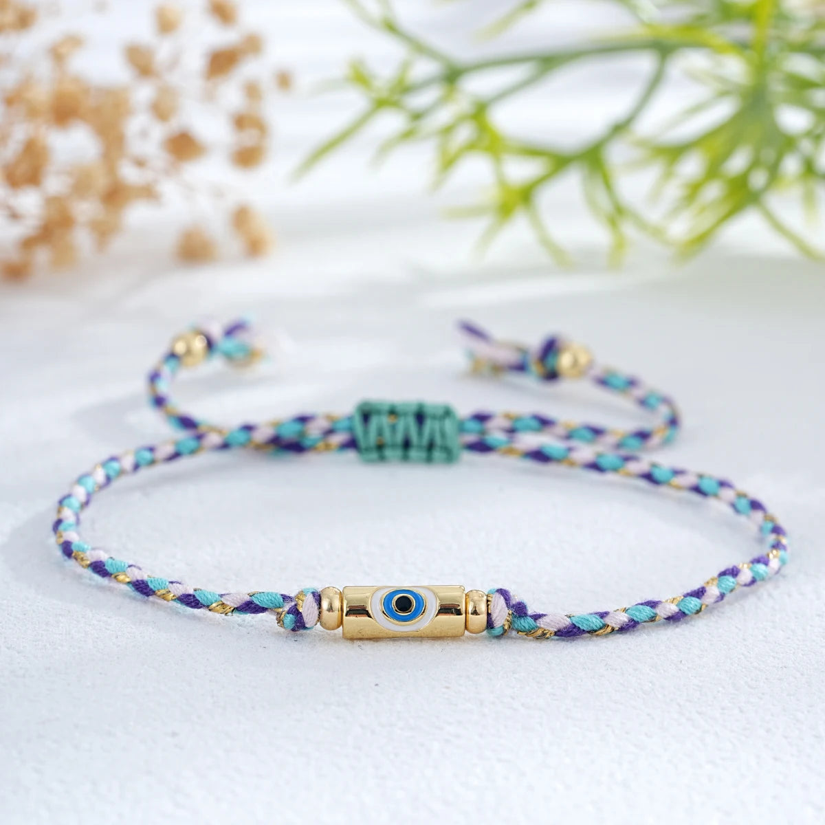 Pulseira de amizade tecida colorida com pingente de mau olhado, pulseira de corda da sorte ajustável para mulheres, joias boho de praia de verão, 1 peça