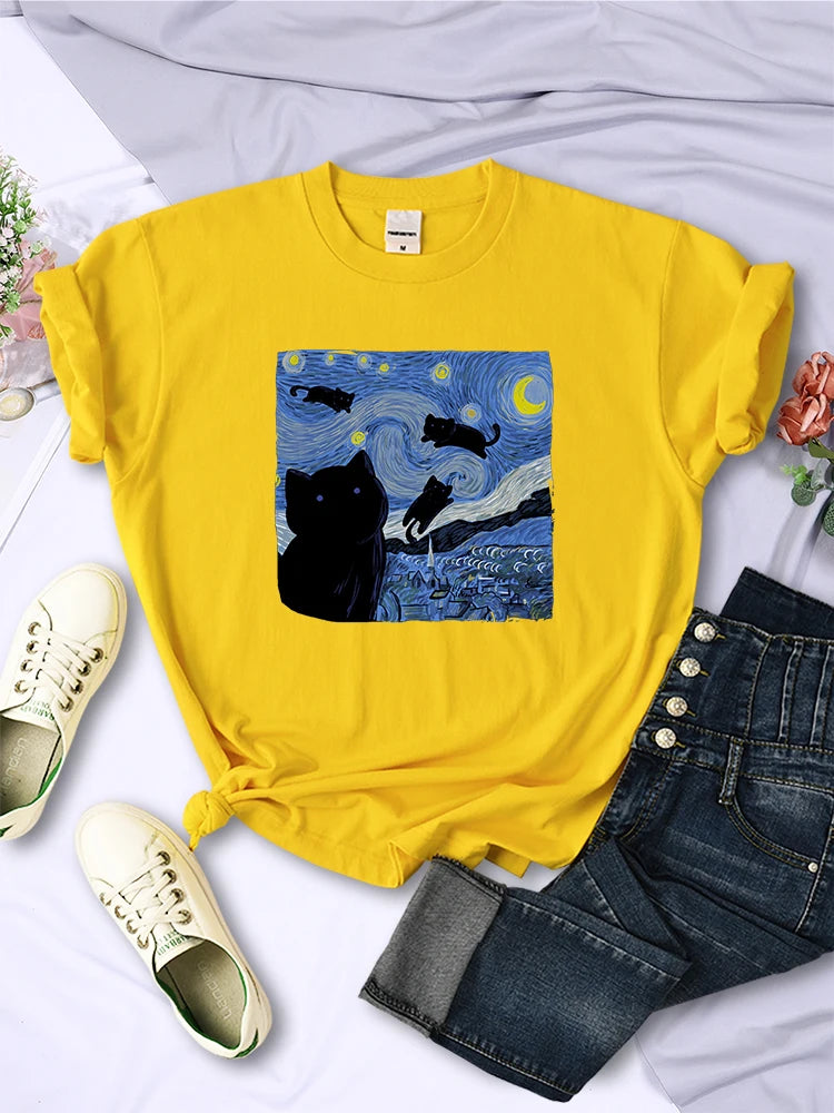 The Starry Cat Night Mulheres Camisetas Moda Respirável Legal Manga Curta Rua Hip Hop Tops Casual All-matemática Roupas Tee Feminino