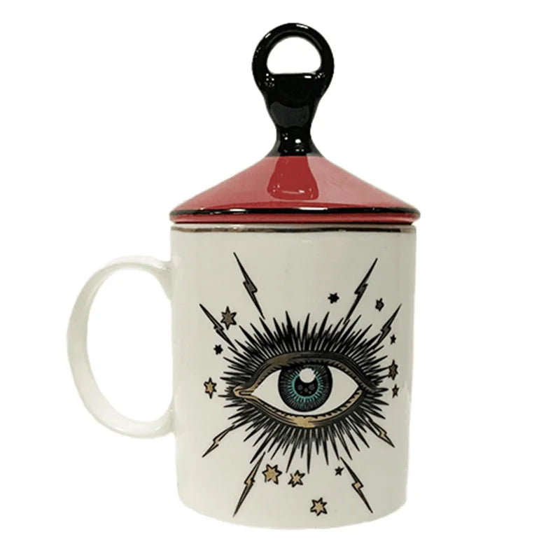 Copo de café cerâmico do olho abstrato com tampa, talheres, aromaterapia, vela, garrafa dos doces, criativo, decoração home