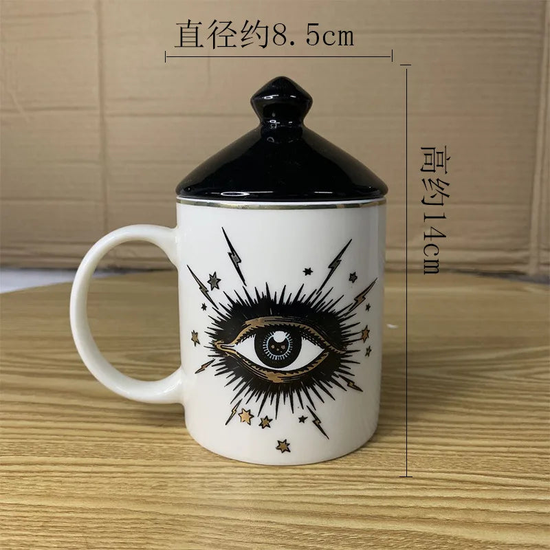 Copo de café cerâmico do olho abstrato com tampa, talheres, aromaterapia, vela, garrafa dos doces, criativo, decoração home