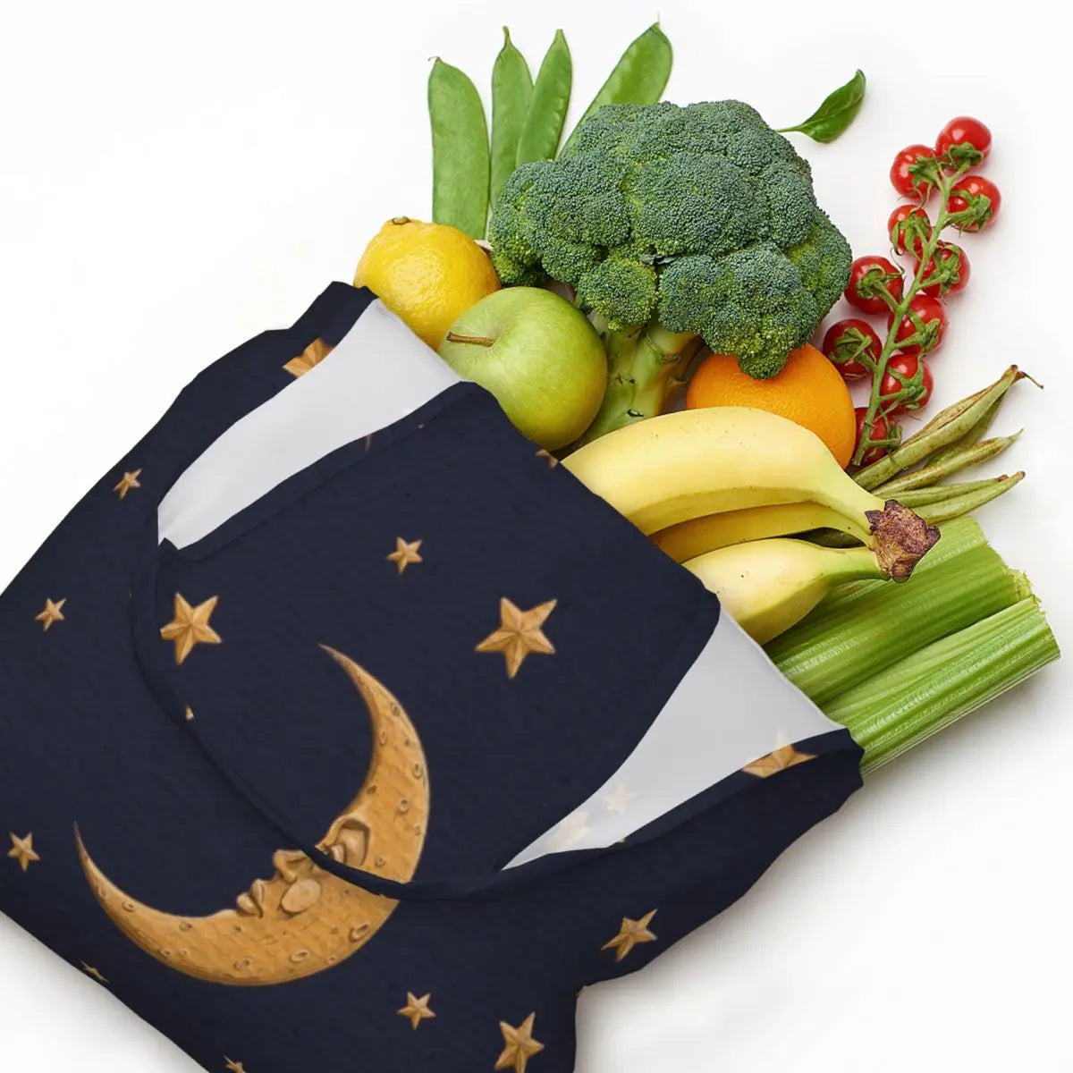 Lua Ouro Vintage e Estrelas Tote Saco De Compras, Impressão Kawaii Personalizado, Bolsa De Ombro Shopper Reutilizável Canvas