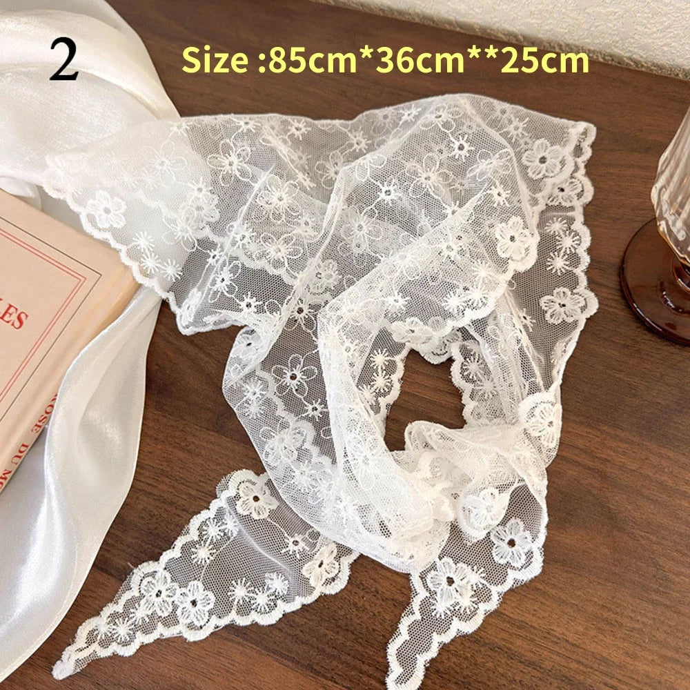 Retro laço triângulo lenço retro y2k bordado floral pescoço cachecol crochê lenço de cabelo bandanas para mulheres meninas lenço de renda