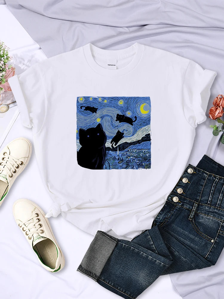 The Starry Cat Night Mulheres Camisetas Moda Respirável Legal Manga Curta Rua Hip Hop Tops Casual All-matemática Roupas Tee Feminino