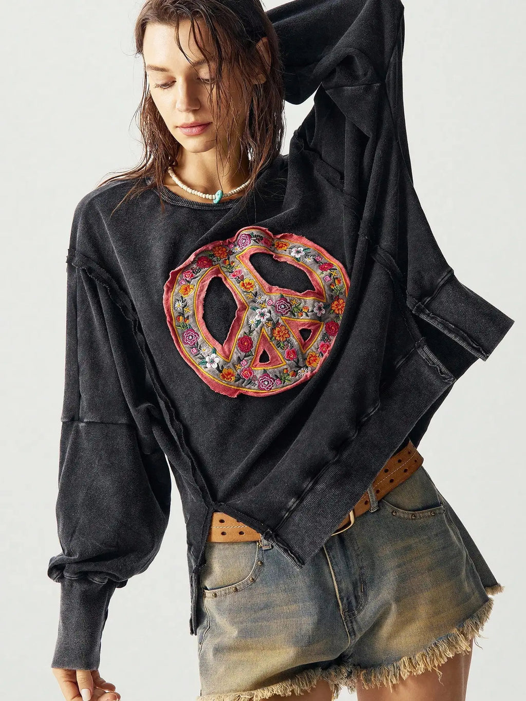 Moletom Cropped Bordado com Símbolo da Paz Floral Boho para Mulheres, Top Casual de Outono Inverno