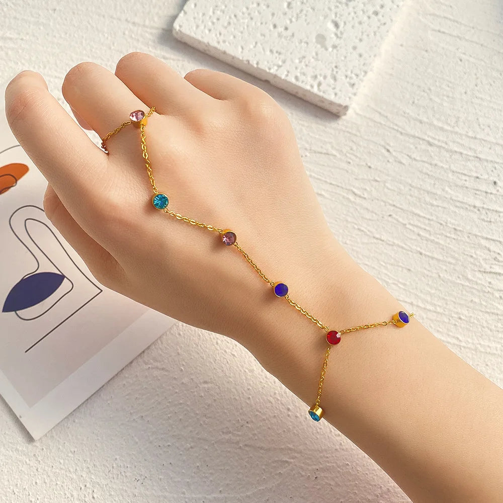 Colorido diamante dedo cadeia set para mulheres, geométrica aço inoxidável jóias, festa de casamento