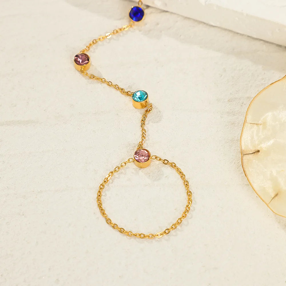 Colorido diamante dedo cadeia set para mulheres, geométrica aço inoxidável jóias, festa de casamento