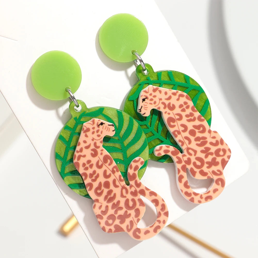 Novo leopardo dos desenhos animados acrílico impressão brincos para mulheres engraçado cheetah tartaruga folha animal pendurado brinco festa jóias presentes