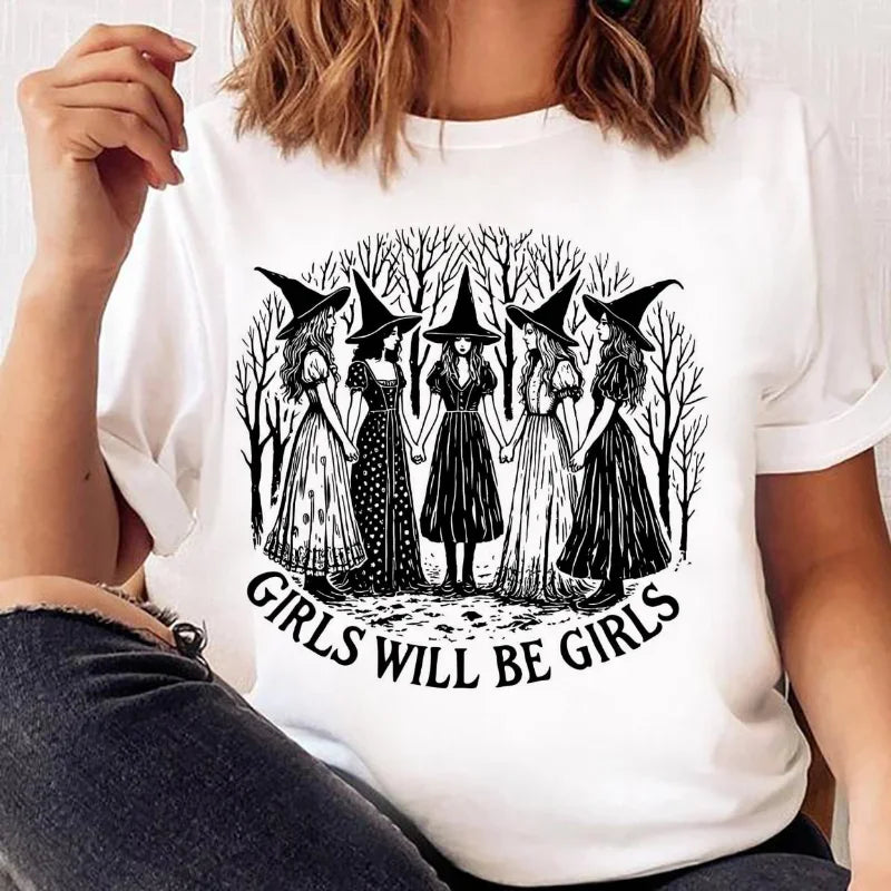 Meninas serão meninas bruxa feminista impresso em torno do pescoço retro camiseta casual manga curta verão moda estilo camiseta feminina topo