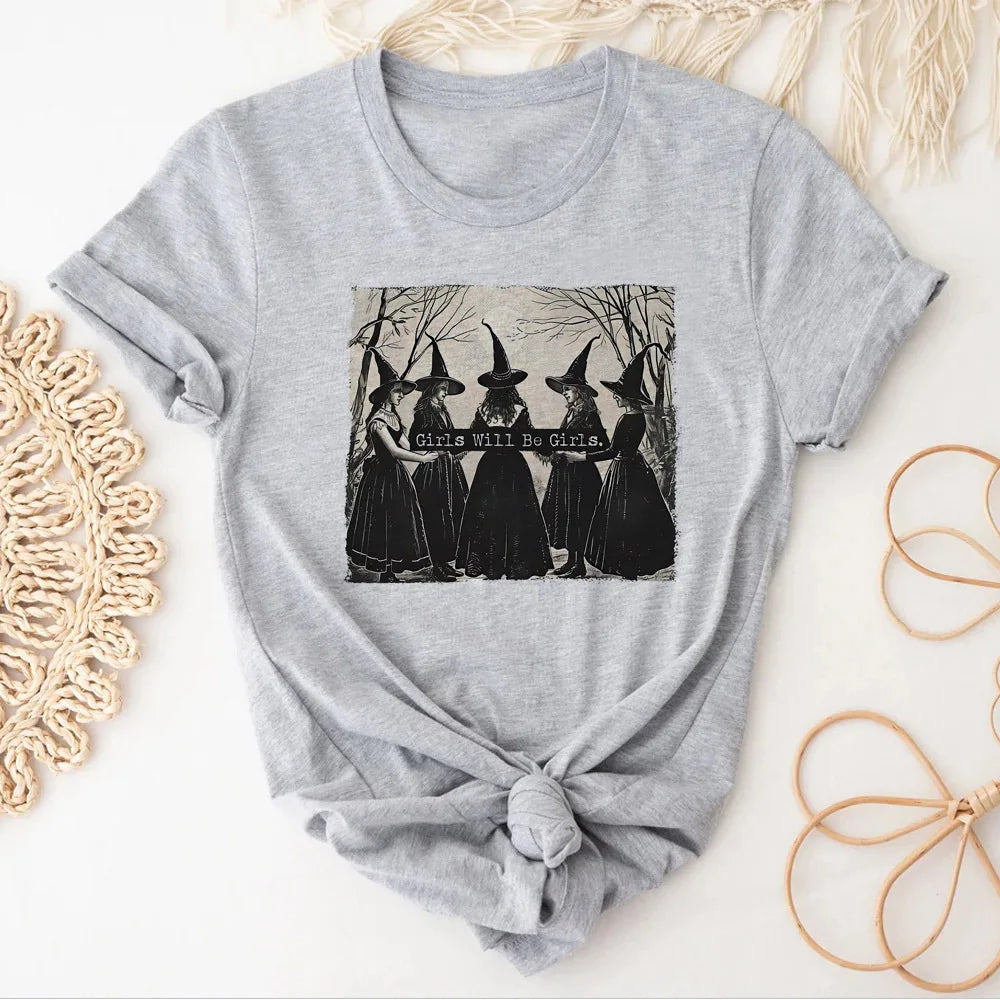 Meninas serão meninas bruxa topo t feminino 80s punk respirável streetwear estética camiseta retro 2000s pastel confortável