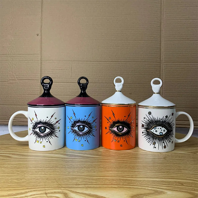Copo de café cerâmico do olho abstrato com tampa, talheres, aromaterapia, vela, garrafa dos doces, criativo, decoração home