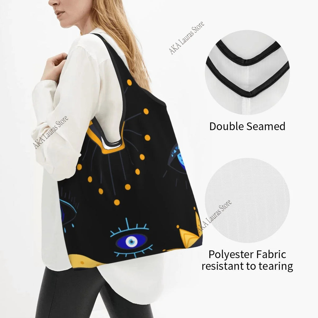 Bolsa de ombro mediterrânea azul e dourada mau olhado bolsa feminina sacola reutilizável bolsa grande