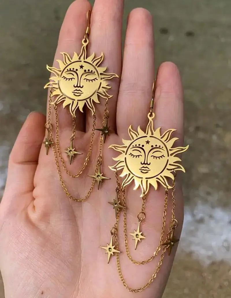 Boêmio moda cobre-ouro sol e estrela borla corrente brincos de luxo anime orelha parafuso prisioneiro flor amarela jóias para mulher 2026 es