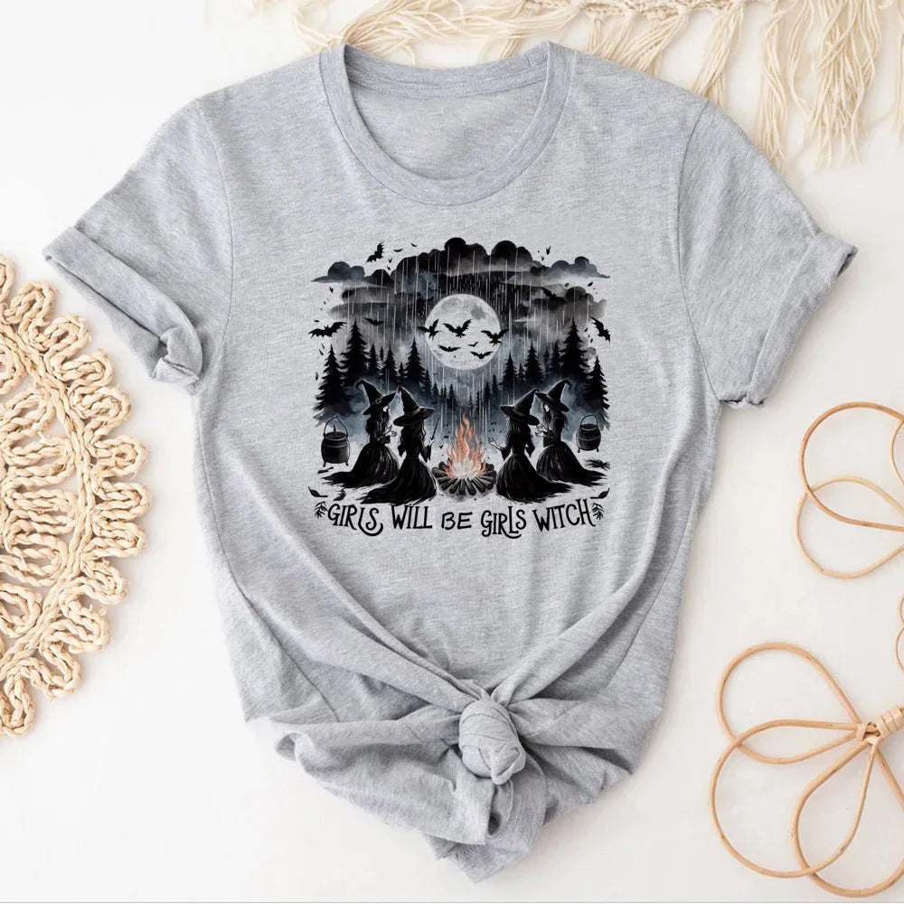 Meninas serão meninas bruxa topo t feminino 80s punk respirável streetwear estética camiseta retro 2000s pastel confortável