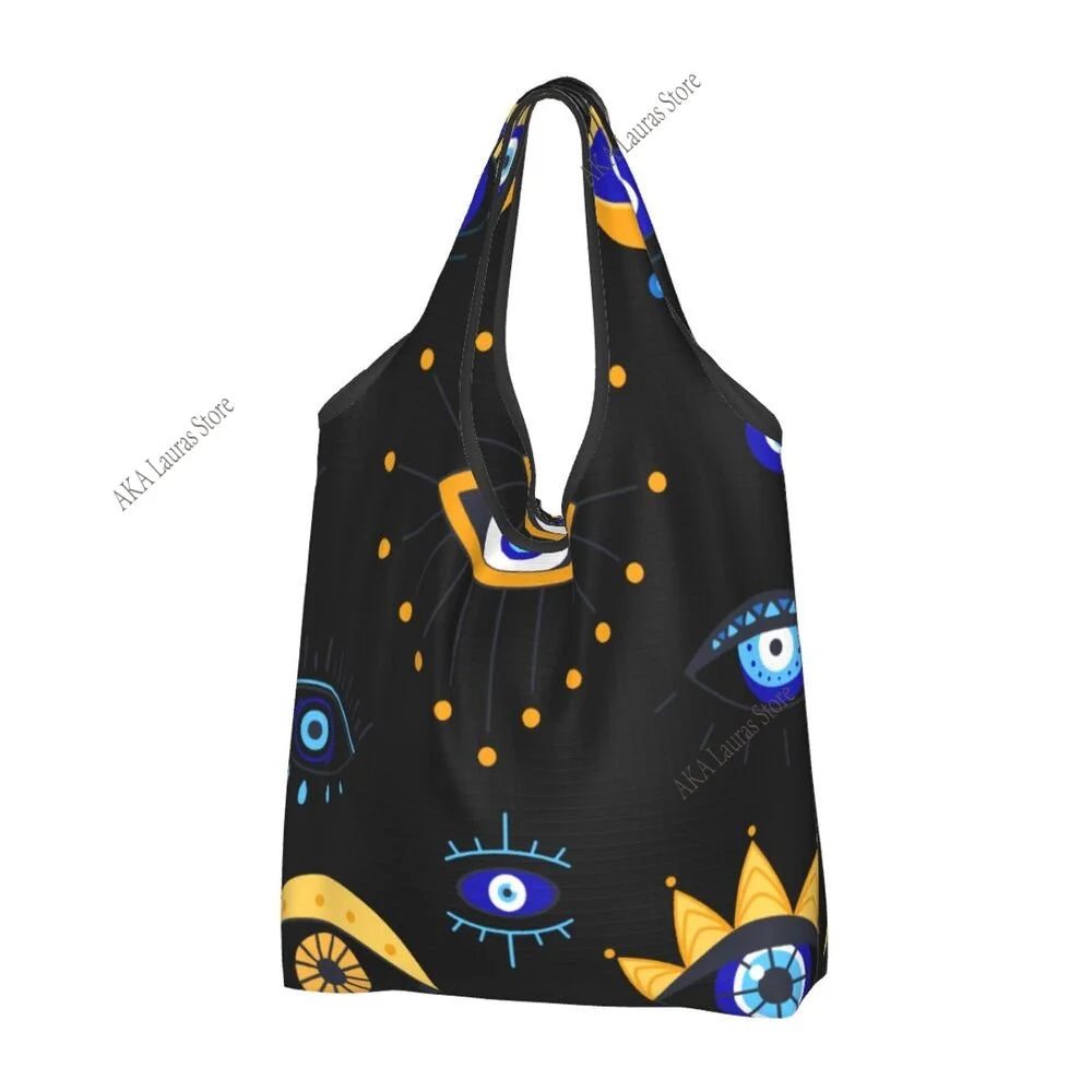 Bolsa de ombro mediterrânea azul e dourada mau olhado bolsa feminina sacola reutilizável bolsa grande