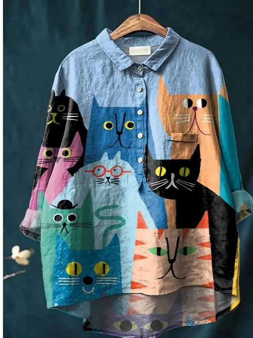 2206 Primavera/Verão/Outono vestindo camisa feminina com gola estampada – lindos caranguejos vermelhos e rosa