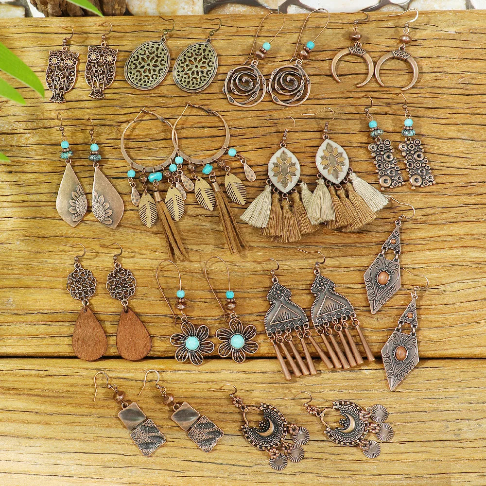 Brinco de gota geométrico boho vintage, borla étnica, contas azuis, flores, redondo, longo, pendurado, feminino, jhumka, joias indianas