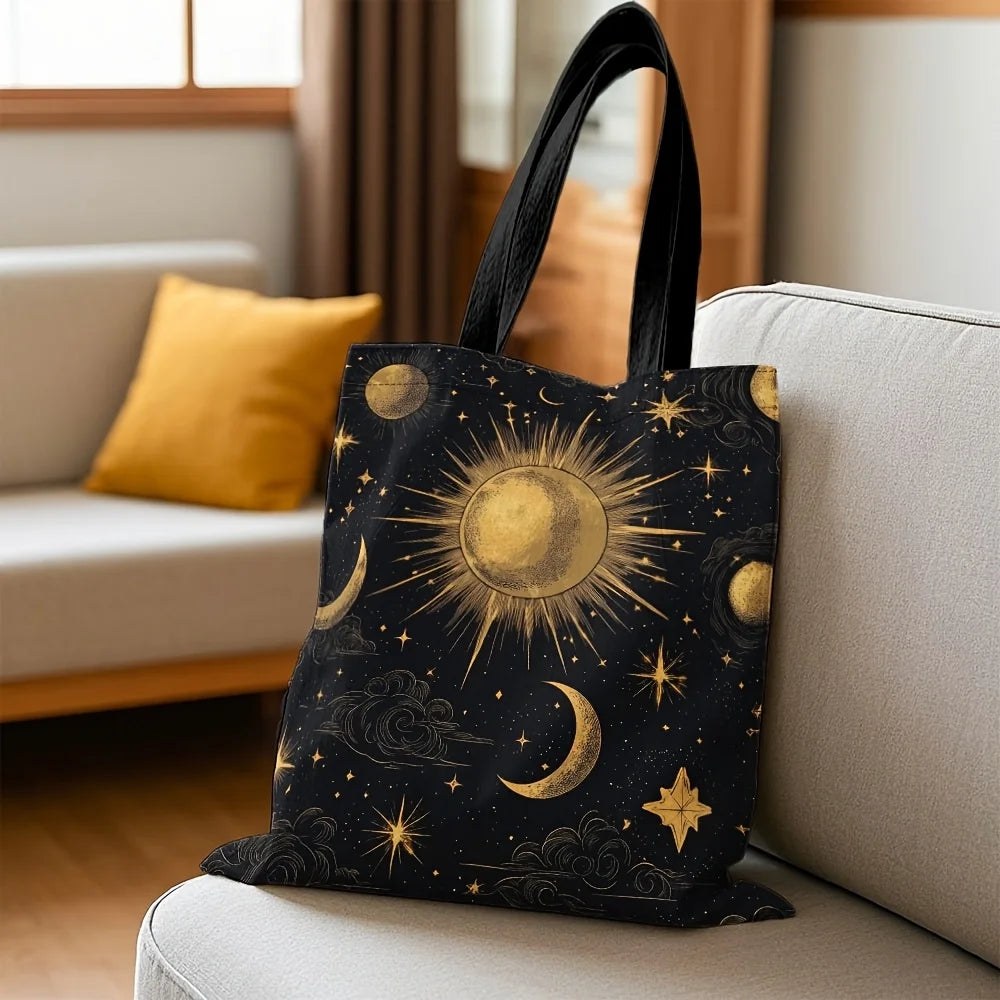 Bolsa de viagem de tarô celestial de 1 unidade – organizador de maquiagem lavável à mão com design de sol dourado, lua e estrelas