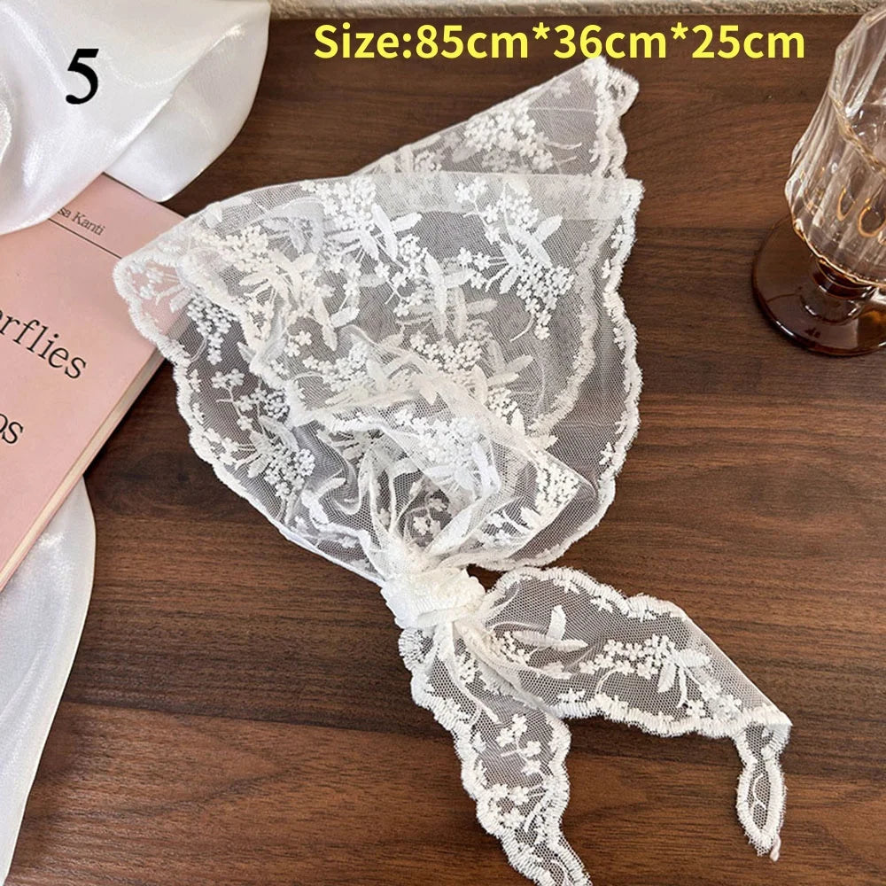 Retro laço triângulo lenço retro y2k bordado floral pescoço cachecol crochê lenço de cabelo bandanas para mulheres meninas lenço de renda