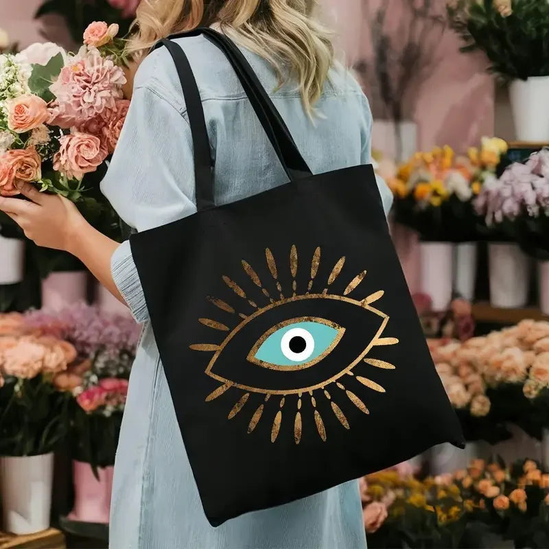 Bolsa tote de lona com mau olhado, bolsa de ombro estética vintage para mulheres, estudantes, grande capacidade, bolsa para livro, ecológica