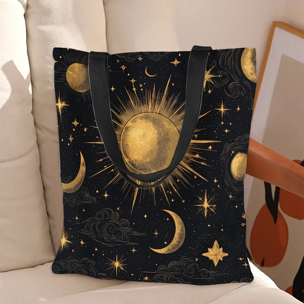 Bolsa de viagem de tarô celestial de 1 unidade – organizador de maquiagem lavável à mão com design de sol dourado, lua e estrelas