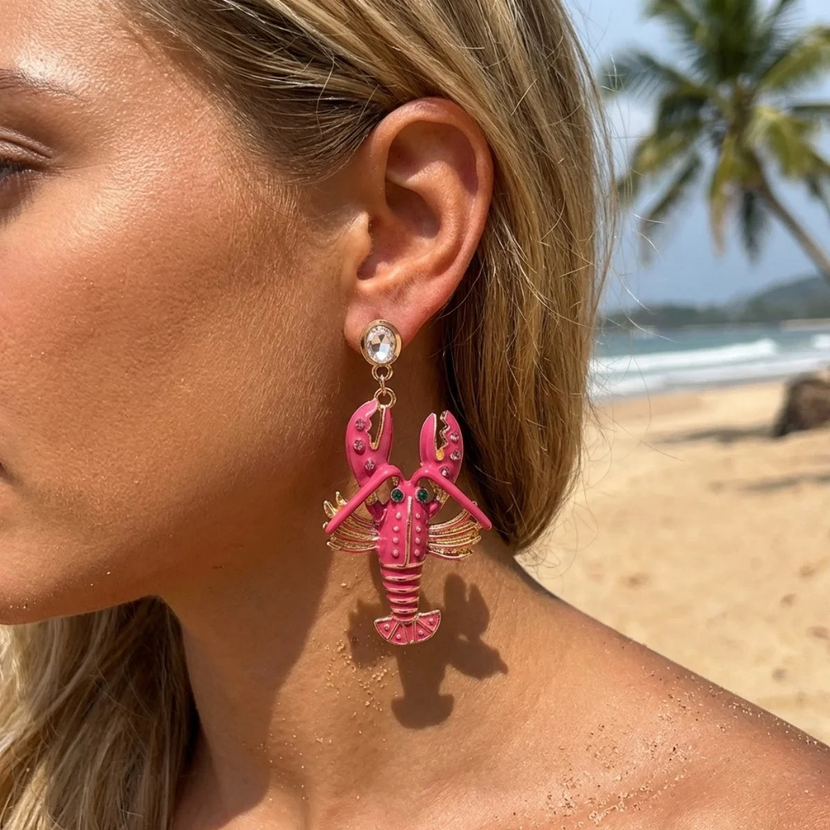 Brincos Criativos e Exagerados de Lagosta com Strass Vermelhos para Mulheres e Homens, Joias de Festa Brilhantes e Modernas com Tema de Animais Marinhos para o Verão