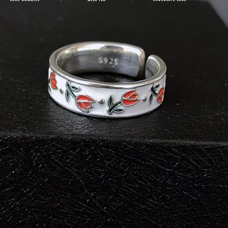 Anéis Ajustáveis de Estilo Francês Retro com Estampa Geométrica de Flores para Mulheres, Joias Artísticas Personalizadas