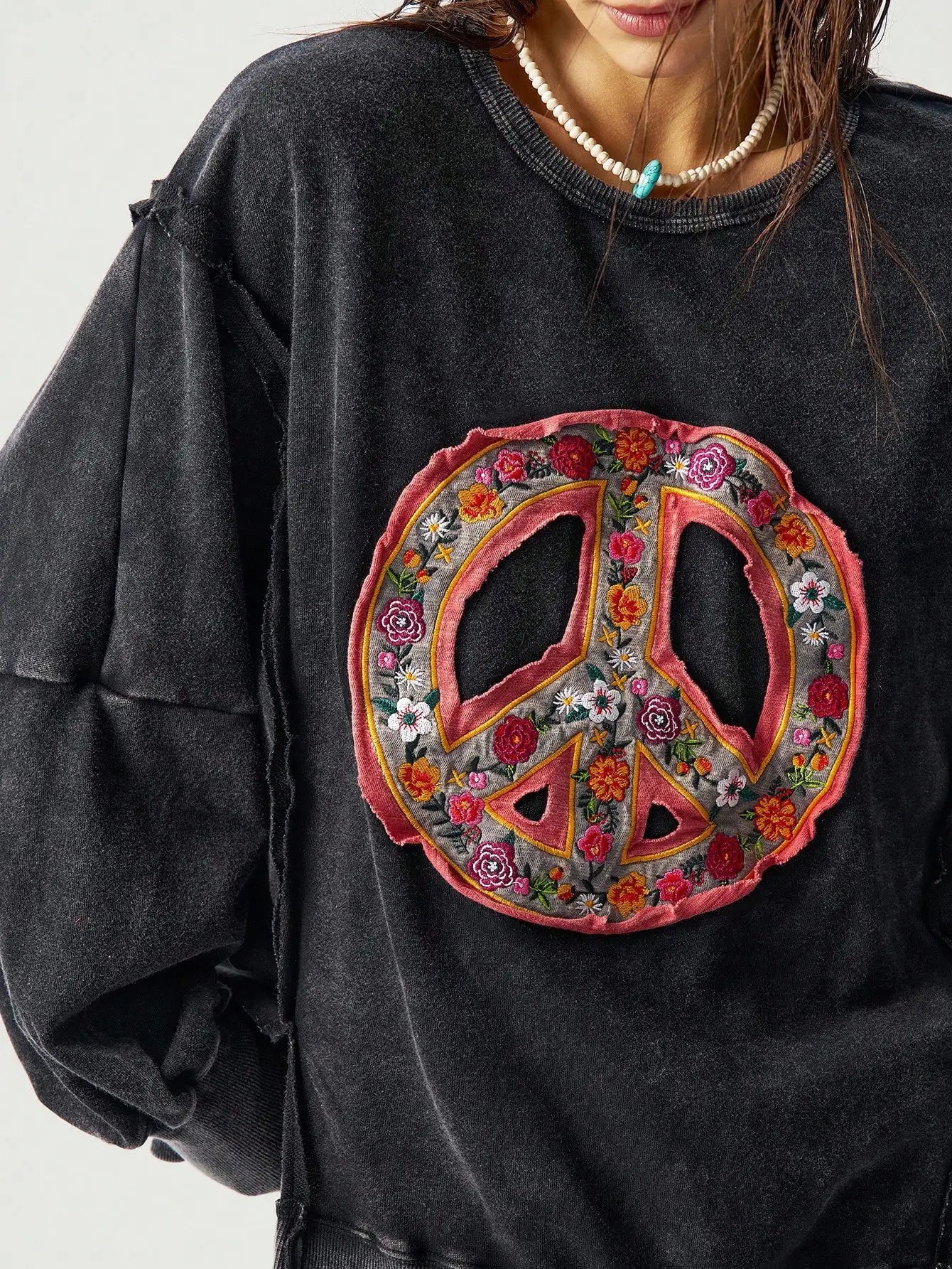 Moletom Cropped Bordado com Símbolo da Paz Floral Boho para Mulheres, Top Casual de Outono Inverno