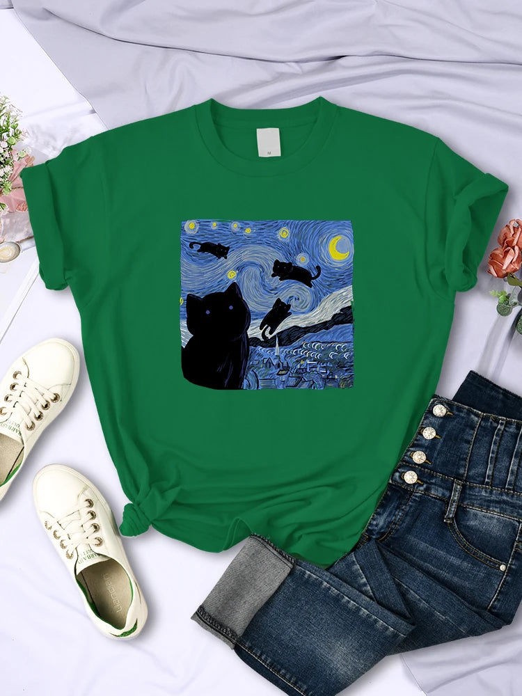 The Starry Cat Night Mulheres Camisetas Moda Respirável Legal Manga Curta Rua Hip Hop Tops Casual All-matemática Roupas Tee Feminino
