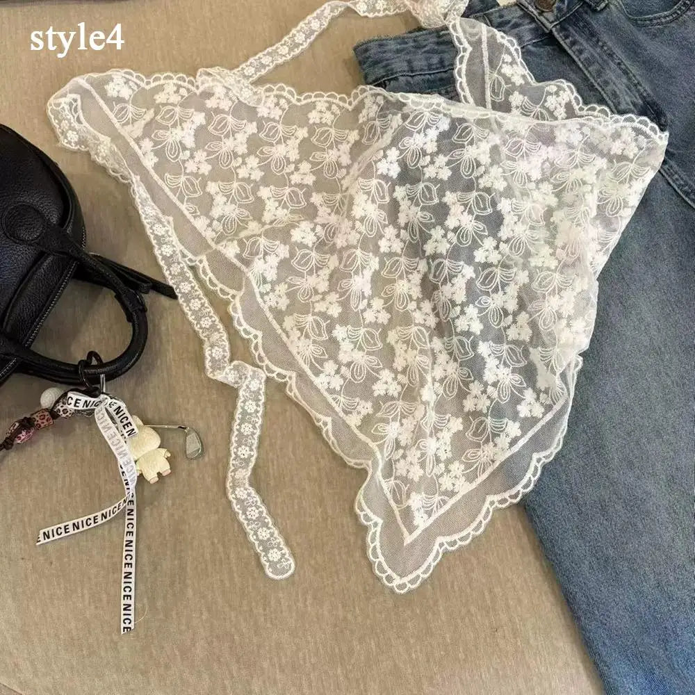 Retro laço triângulo lenço retro y2k bordado floral pescoço cachecol crochê lenço de cabelo bandanas para mulheres meninas lenço de renda