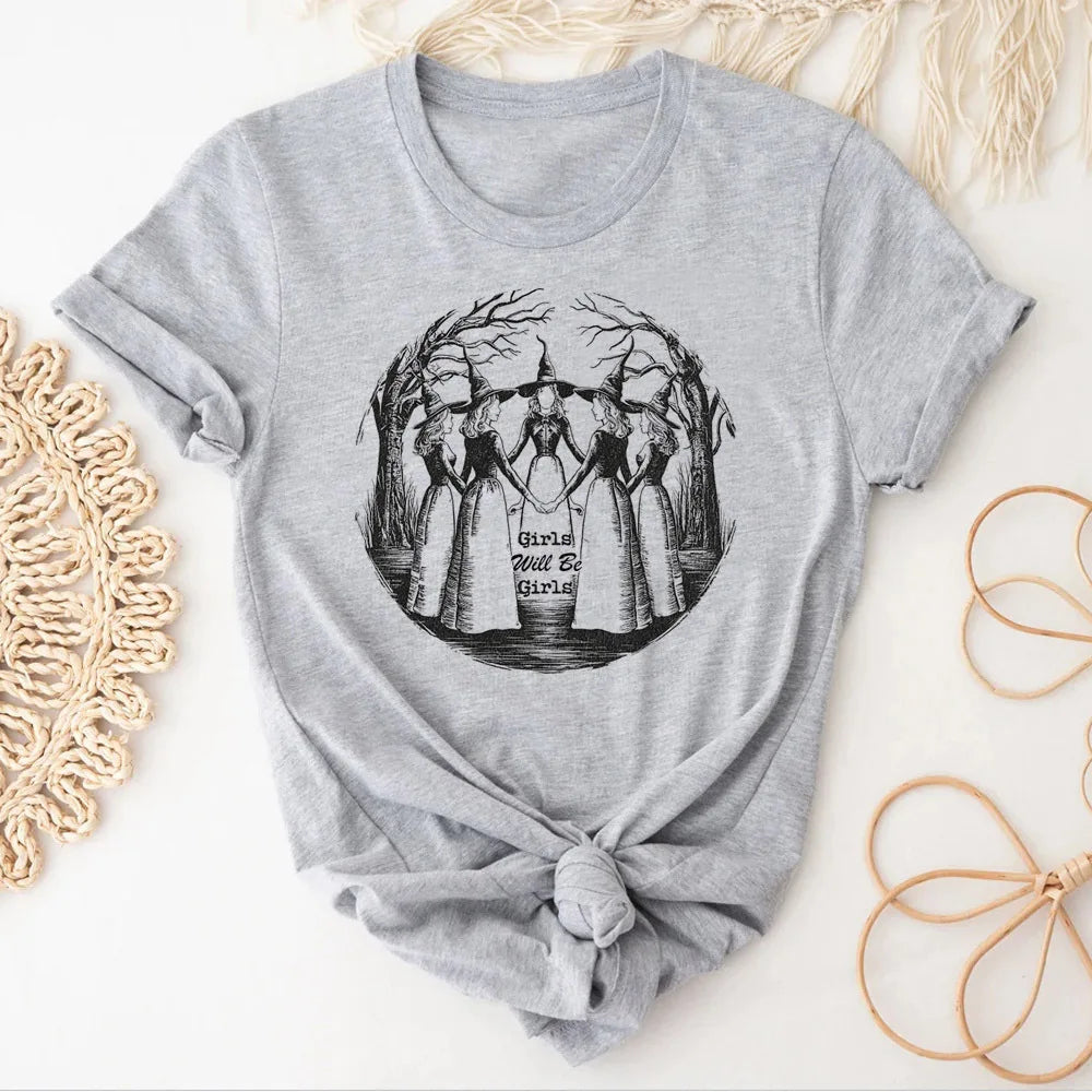 Meninas serão meninas bruxa topo t feminino 80s punk respirável streetwear estética camiseta retro 2000s pastel confortável