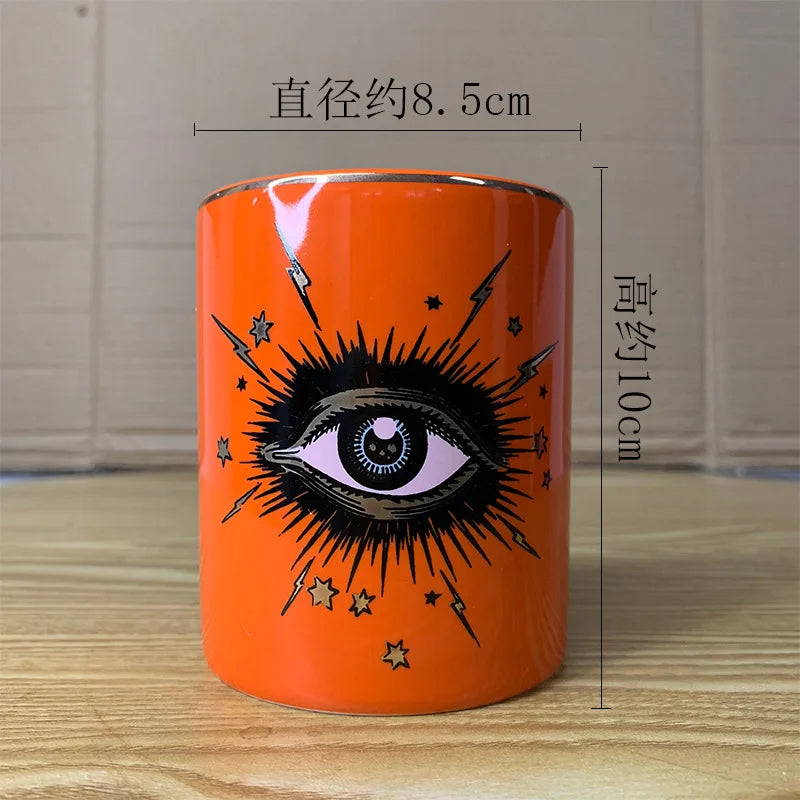 Copo de café cerâmico do olho abstrato com tampa, talheres, aromaterapia, vela, garrafa dos doces, criativo, decoração home