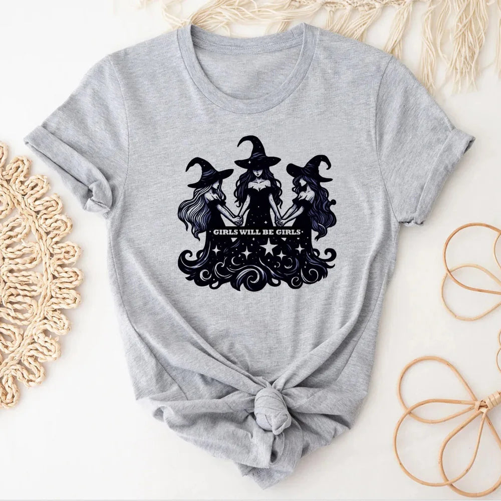 Meninas serão meninas bruxa topo t feminino 80s punk respirável streetwear estética camiseta retro 2000s pastel confortável