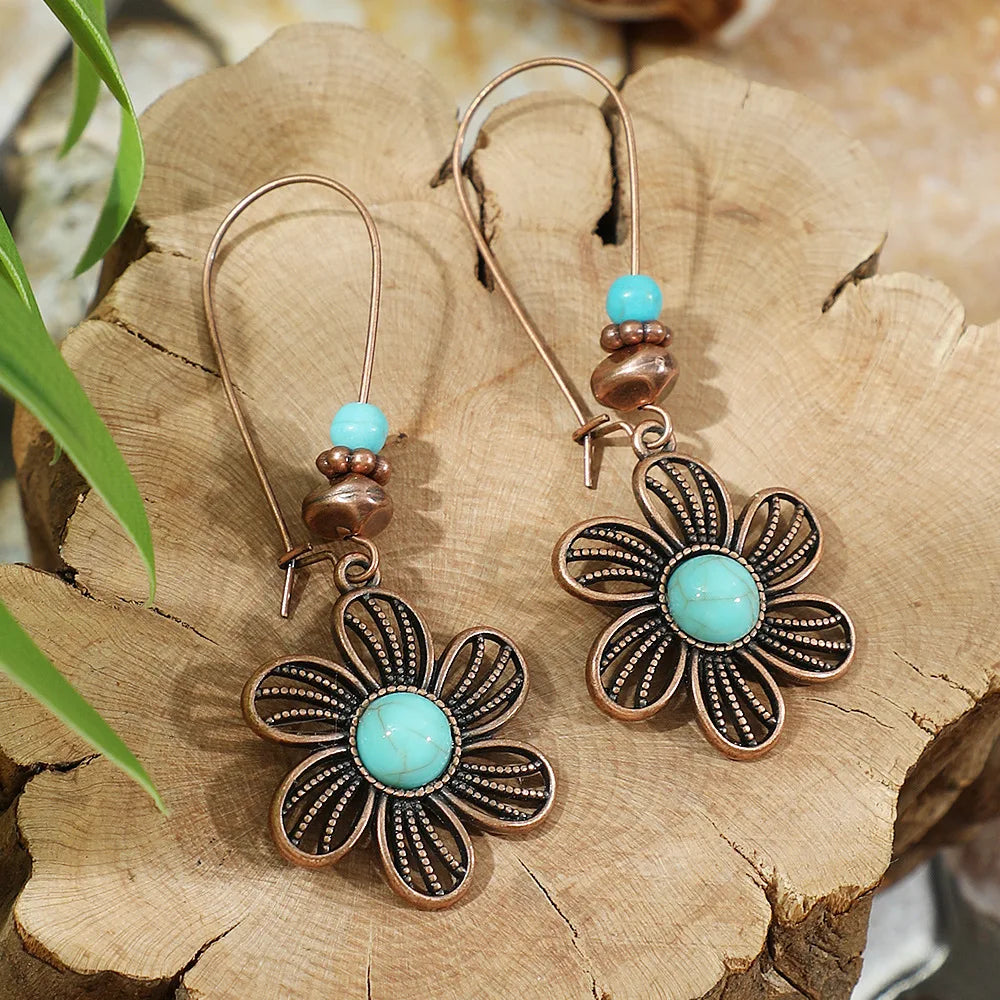 Brinco de gota geométrico boho vintage, borla étnica, contas azuis, flores, redondo, longo, pendurado, feminino, jhumka, joias indianas