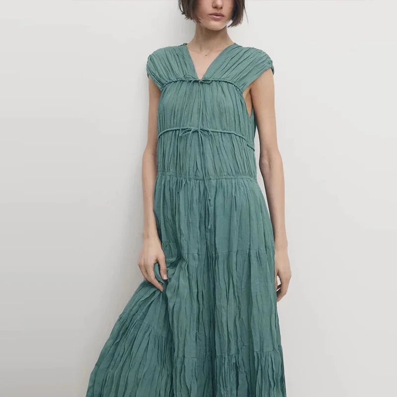 Vestido plissado folha