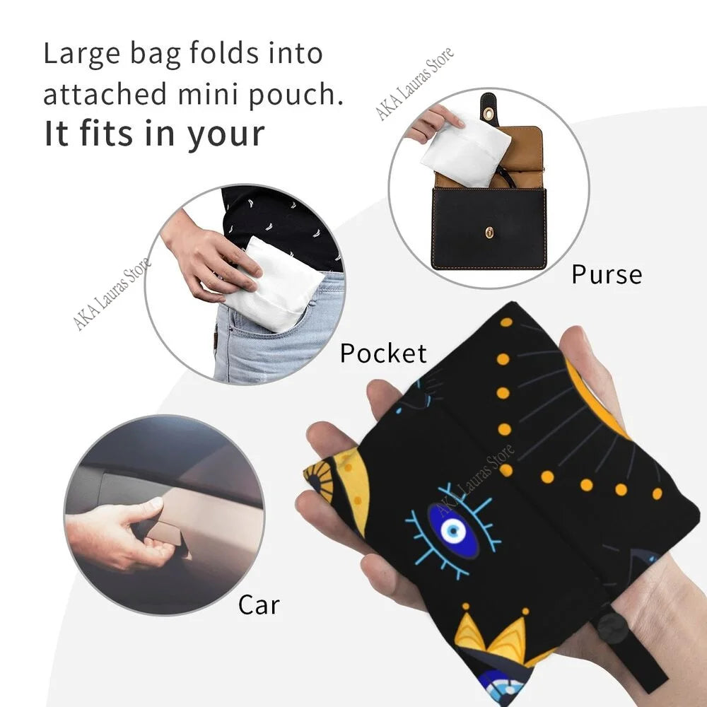 Bolsa de ombro mediterrânea azul e dourada mau olhado bolsa feminina sacola reutilizável bolsa grande