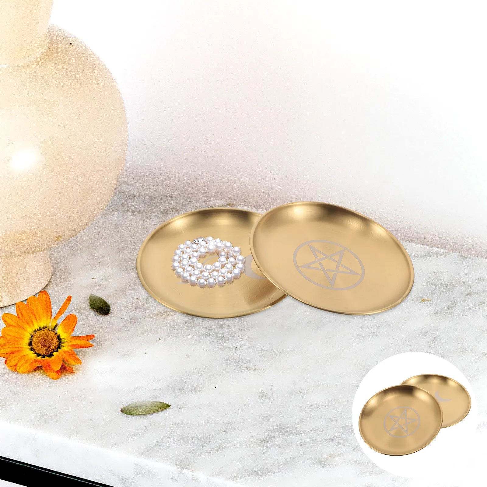 2 Peças Bandeja de Rituais e Ofertas para Altar com Pentagrama, em Aço Inoxidável, Organizador de Joias, Decoração para Cerimônias Místicas e Defumação