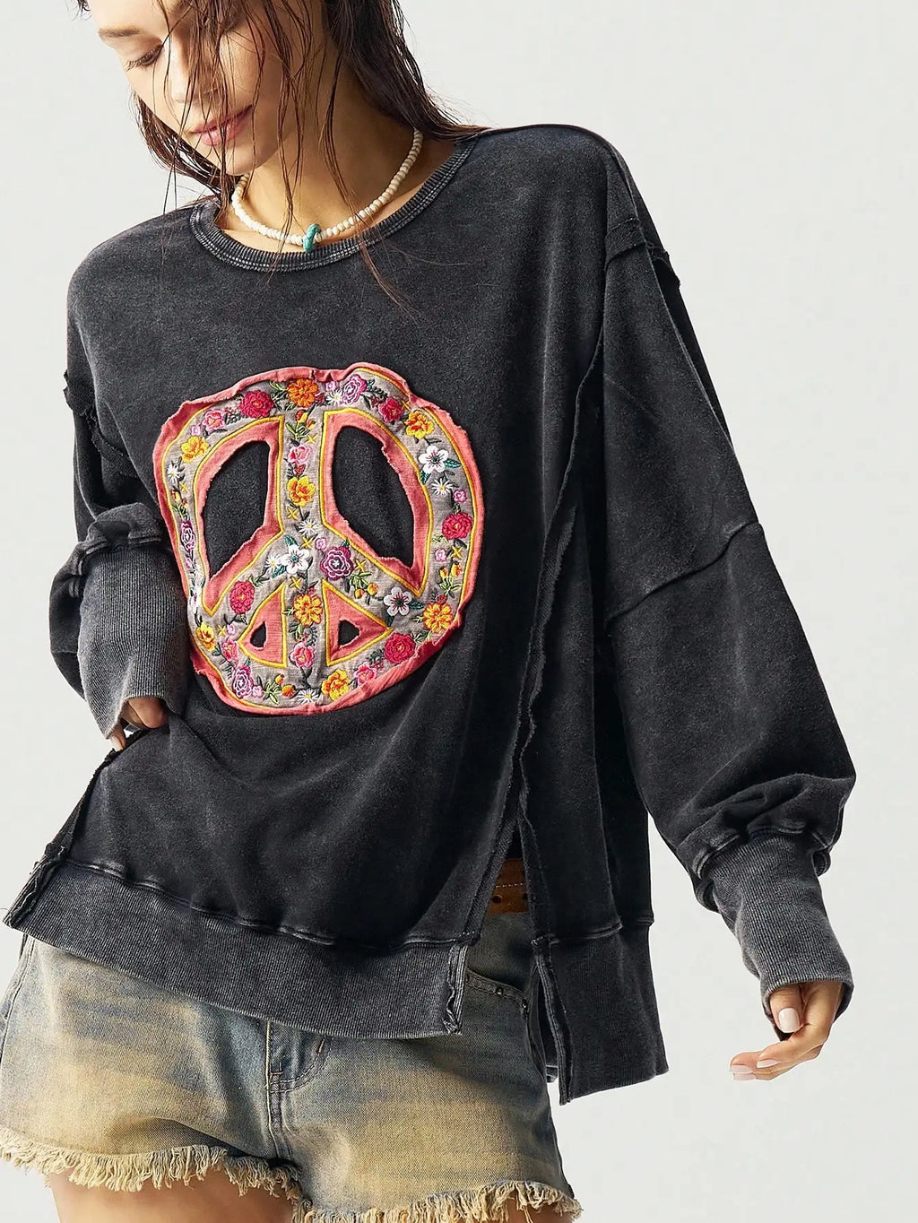 Moletom Cropped Bordado com Símbolo da Paz Floral Boho para Mulheres, Top Casual de Outono Inverno