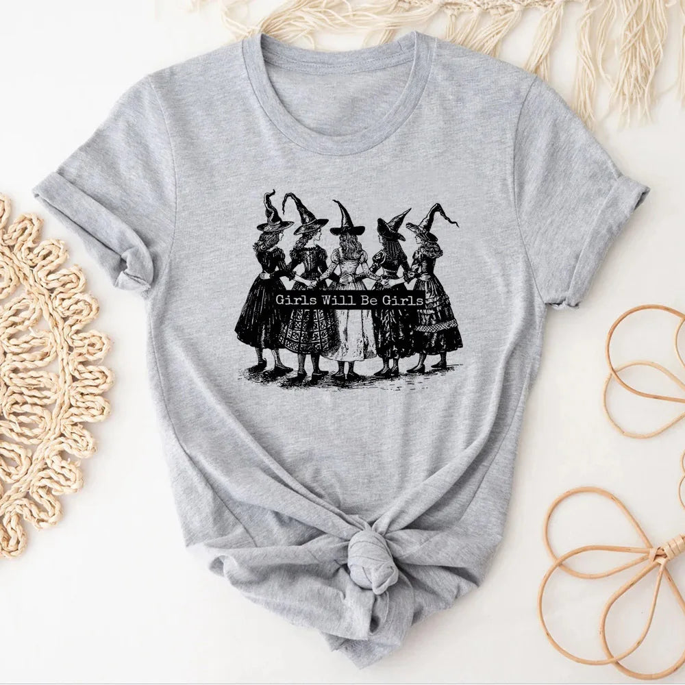 Meninas serão meninas bruxa topo t feminino 80s punk respirável streetwear estética camiseta retro 2000s pastel confortável