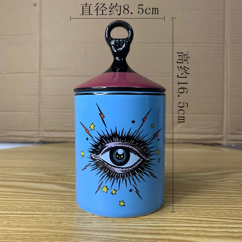 Copo de café cerâmico do olho abstrato com tampa, talheres, aromaterapia, vela, garrafa dos doces, criativo, decoração home