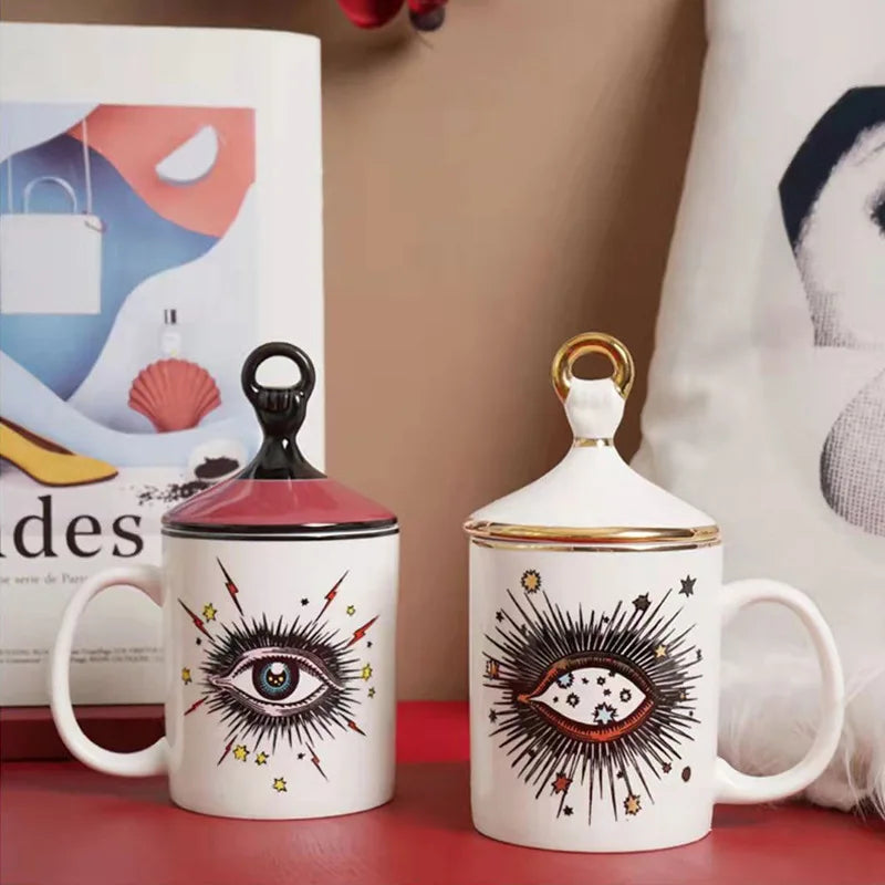 Copo de café cerâmico do olho abstrato com tampa, talheres, aromaterapia, vela, garrafa dos doces, criativo, decoração home