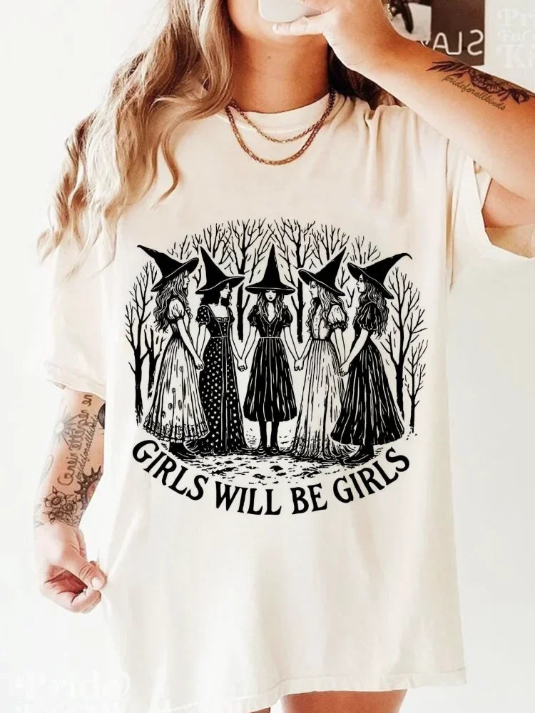 Meninas serão meninas bruxa feminista impresso em torno do pescoço retro camiseta casual manga curta verão moda estilo camiseta feminina topo