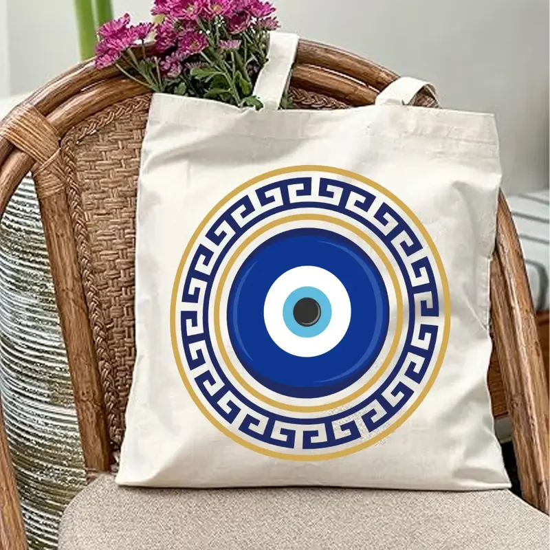 Bolsa tote de lona com mau olhado, bolsa de ombro estética vintage para mulheres, estudantes, grande capacidade, bolsa para livro, ecológica