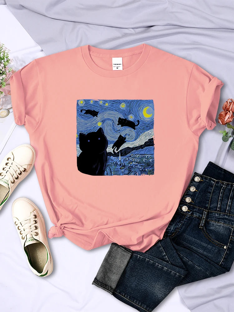 The Starry Cat Night Mulheres Camisetas Moda Respirável Legal Manga Curta Rua Hip Hop Tops Casual All-matemática Roupas Tee Feminino