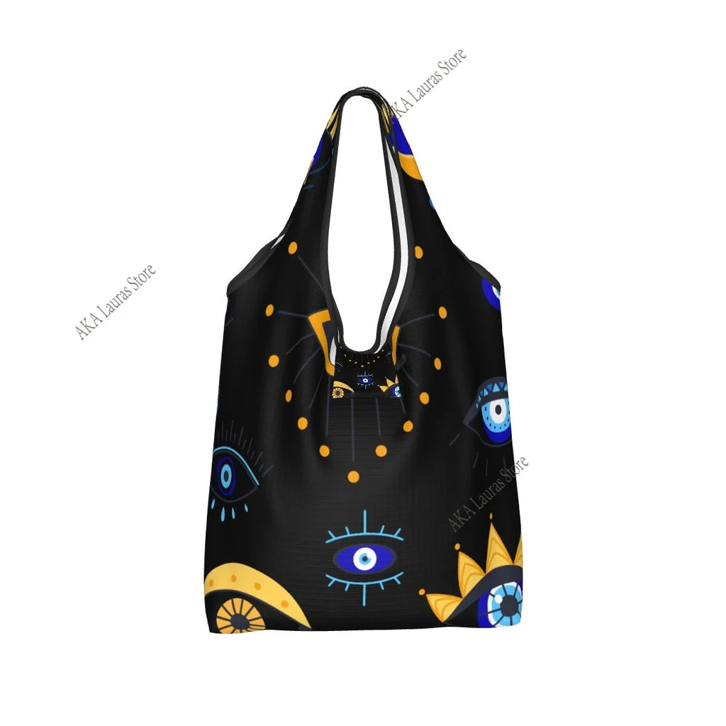 Bolsa de ombro mediterrânea azul e dourada mau olhado bolsa feminina sacola reutilizável bolsa grande