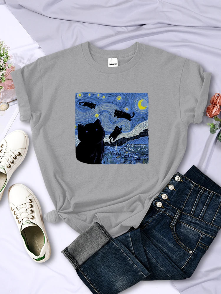 The Starry Cat Night Mulheres Camisetas Moda Respirável Legal Manga Curta Rua Hip Hop Tops Casual All-matemática Roupas Tee Feminino