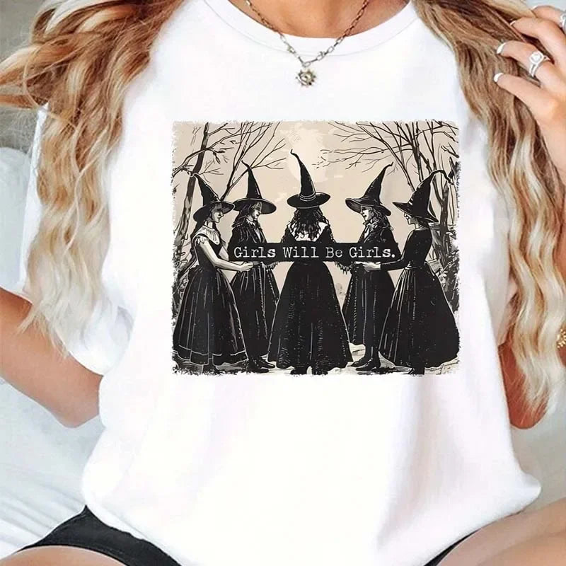 Meninas vou ser meninas bruxa na floresta impressão esporte tripulação pescoço camisetas primavera verão manga curta camisetas femininas topos camisa