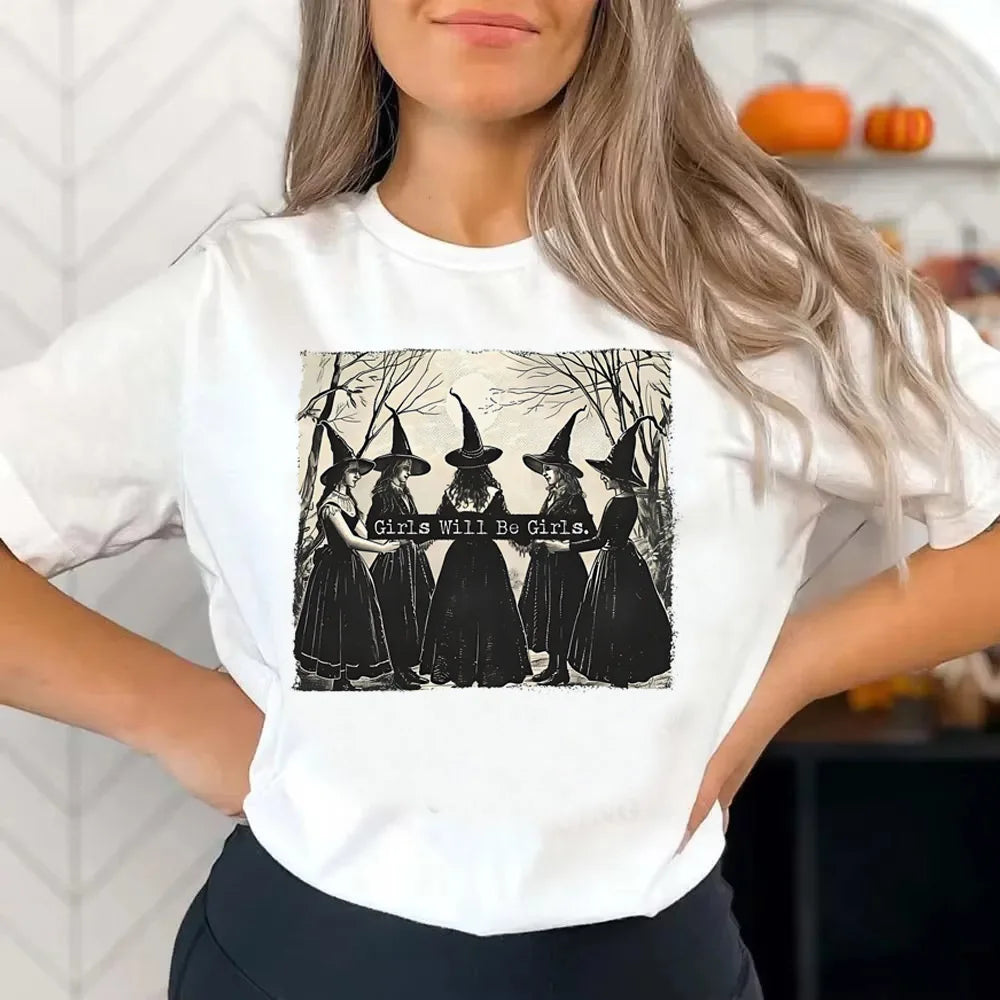 Bruxa estrela lua impressão feminina t camisa de manga curta o pescoço solto camiseta feminina senhoras t y2k