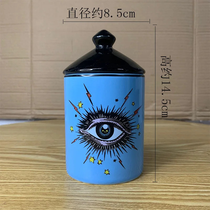 Copo de café cerâmico do olho abstrato com tampa, talheres, aromaterapia, vela, garrafa dos doces, criativo, decoração home