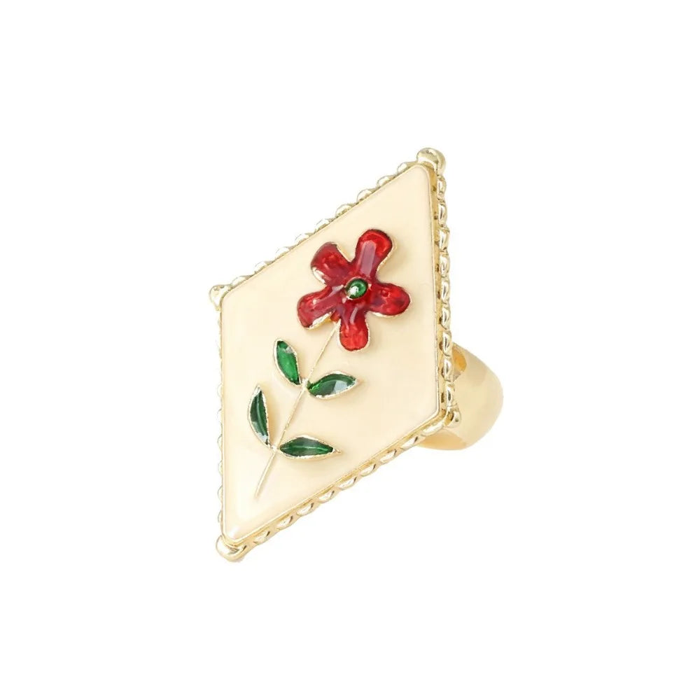 Anel de Metal Vintage Geométrico em Liga de Zinco com Estampa de Romã e Flor Esmaltada, Estilo Étnico, Formato Irregular e Redondo, em Formato de Coração